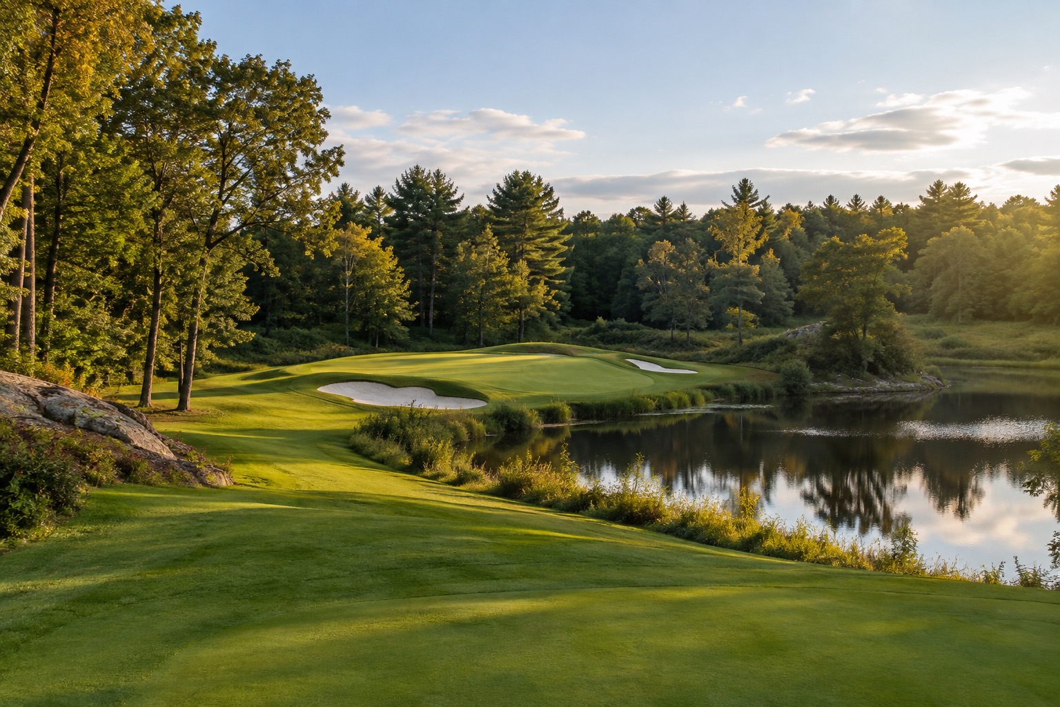 AI-generated view of a golf green and pond